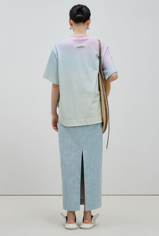 ZHUCHONGYUN summer blue belt loose straight length denim skirt-SOMA.