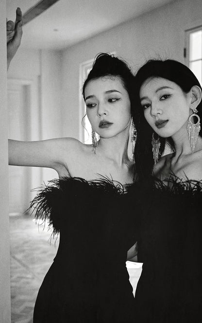 DOLLY High End Black Sleeveless Feather Tube Top Long Flared Pant Jumpsuit-PALMER