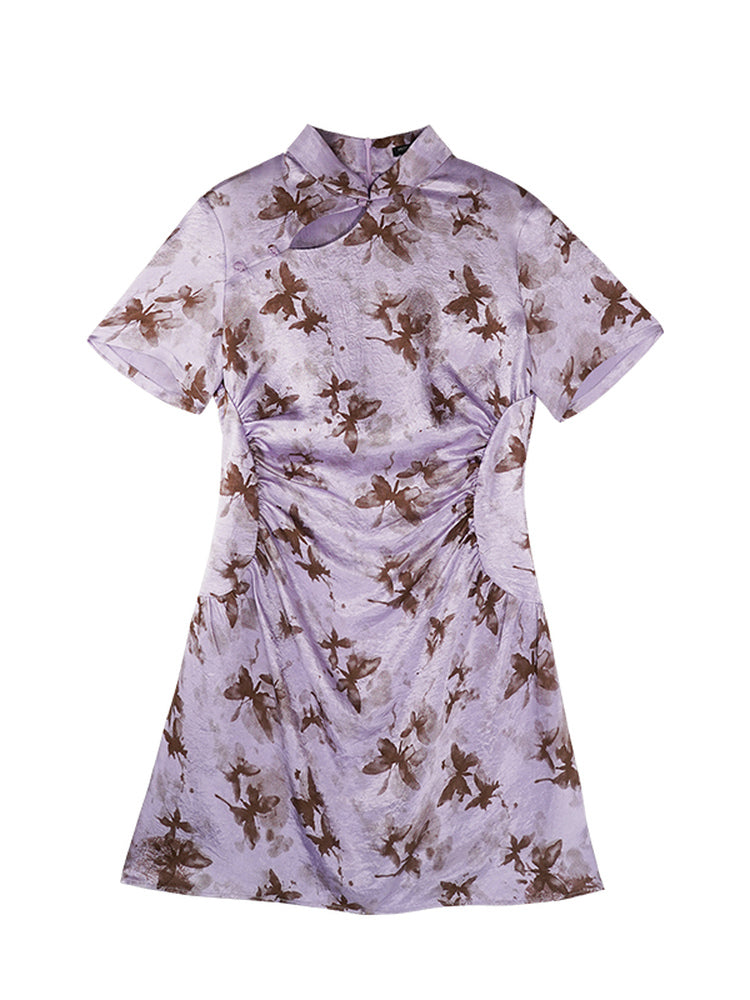 HECO Chinese Style Stand Collar Cut-out Pleated Short Cheongsam Dress - BIRD.