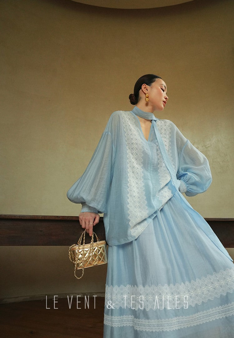 LE VENT&TES AILES pastel blue elegant summer vacation  V-neck shirt skirt set -GWEN