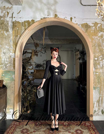 Le Palais Vintage Elegant Retro Long Sleeves Plain Mid Skirt Black  Long Cocktail Hem Dress-Aurora