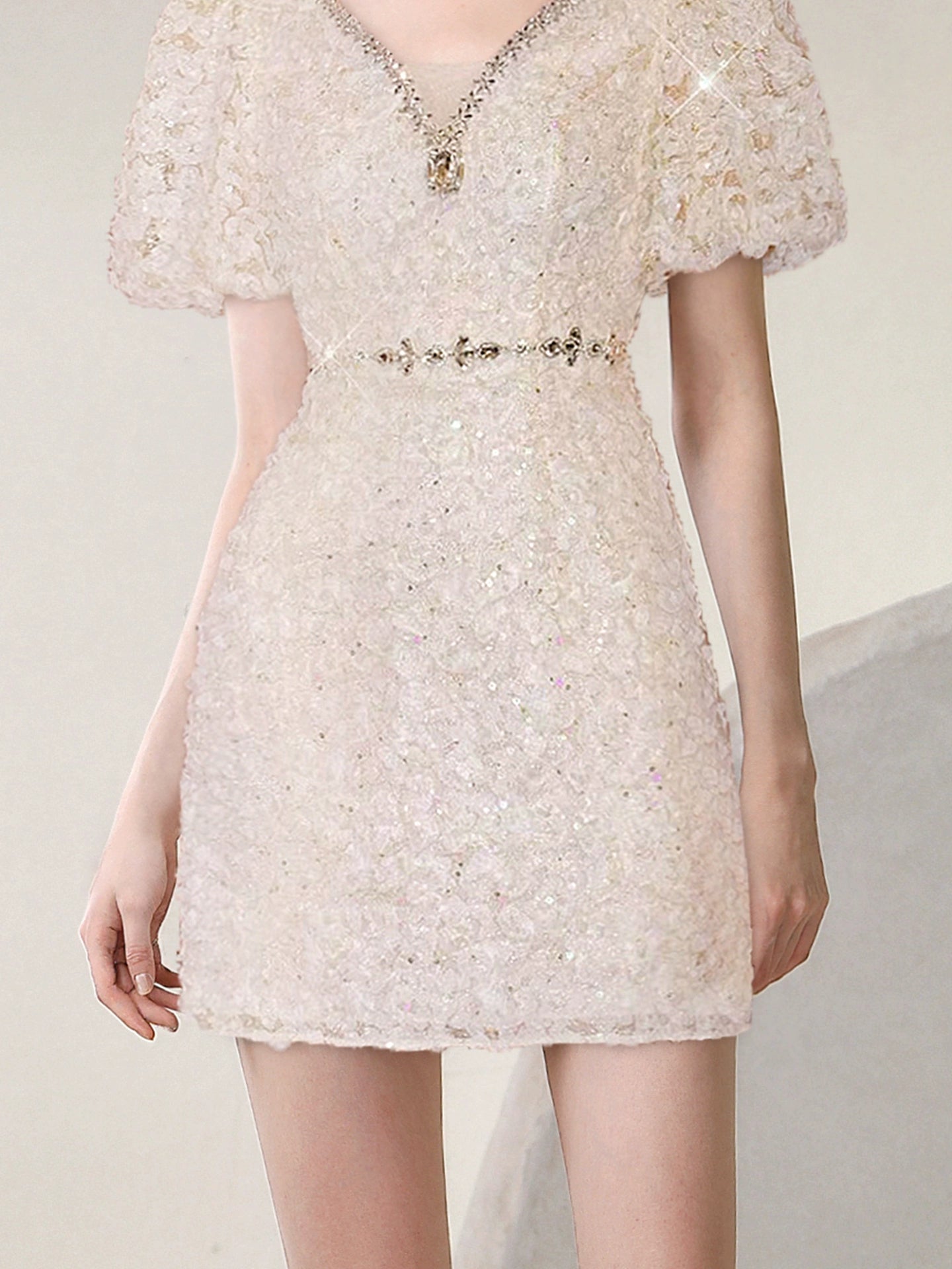 CHECOCRE summer new high-end fashion puff sleeve nail diamond dress - ROAR.