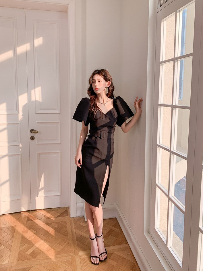 DOLLY Luxury Black Retro V-Neck Short Puff Sleeve Midi Luncheon Dress-SUSU