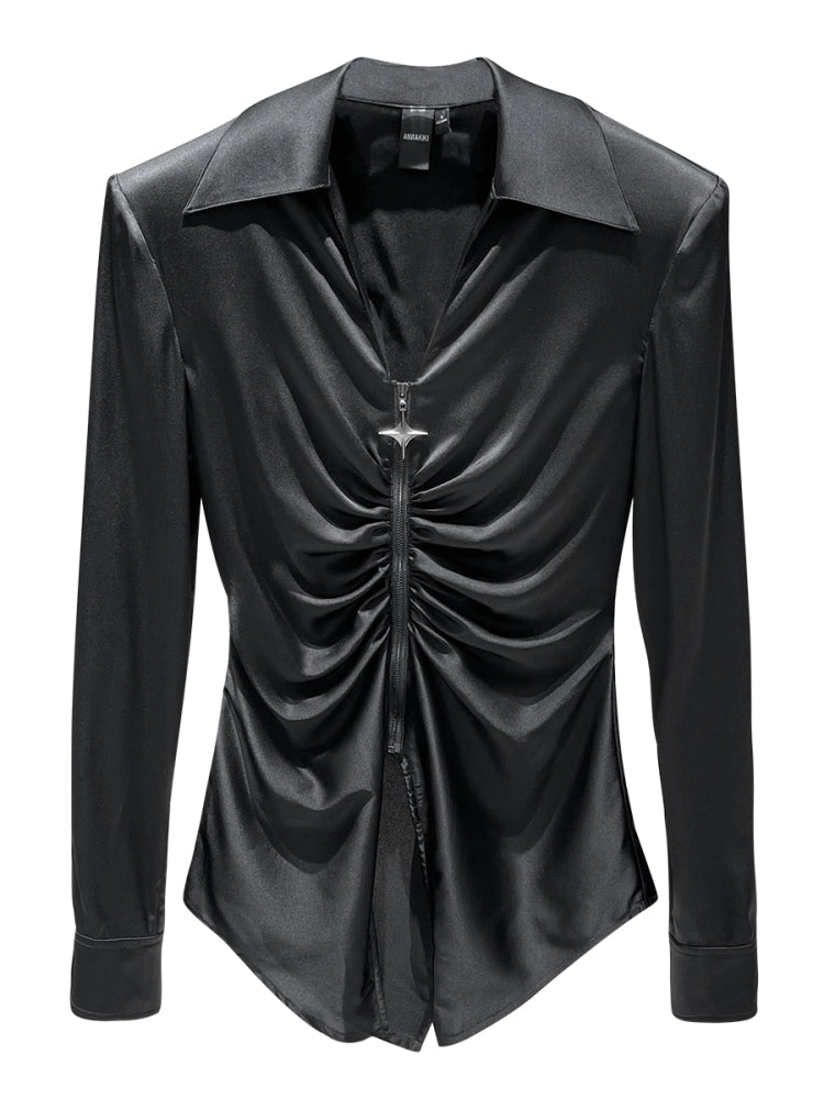 ANNAKIKI niche designer silk V-neck pleated shirt-WENWEN
