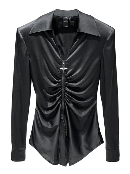 ANNAKIKI niche designer silk V-neck pleated shirt-WENWEN