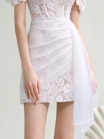 CHECOCRE ELEGANT DIAMOND CHAIN PUFF SLEEVE WHITE DRESS  - IDOWU