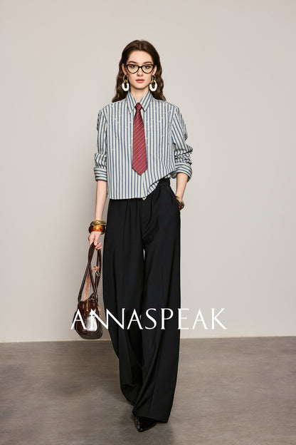 ANNASPEAK striped long staple cotton truncated shirt-QUEN.