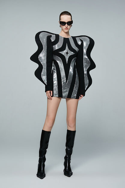ANNAKIKI designer triacetate quadrangle contrast fractal wavy sleeve dress-ZOLDYCKE