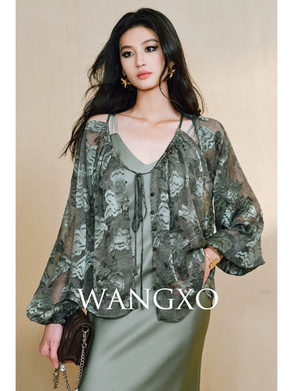 WANGXO Devoré Lace Light and Shadow Heavy Industry Bias French Cardigan & Satin Sundress Set - ESMEE
