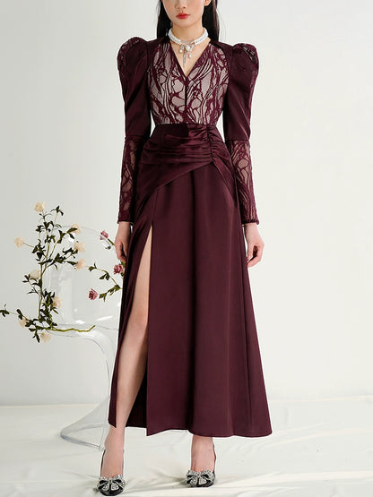 CHECOCRE Elegant Temperament Sexy V-neck Light Long Dark Red Dress - PERRING