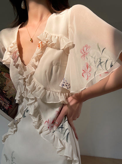 Aconiconi Luxury French Floral Print Slim Fit Hip Hug Dinner Dress- Primrose Whisper