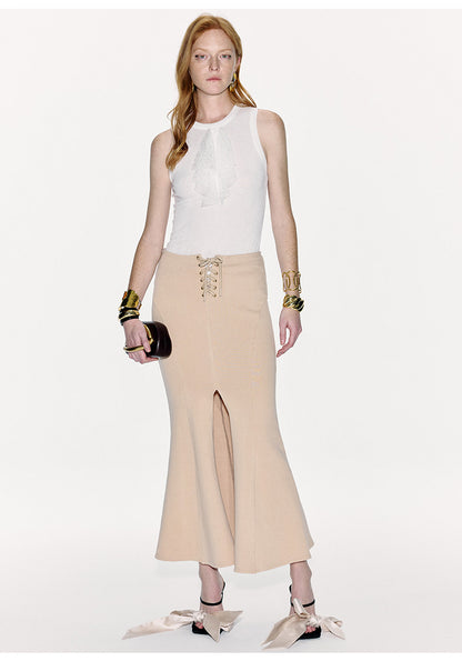 ATELIER MISS LU lace-embellished lightweight knitted short-sleeved vest - GLACIOUS.
