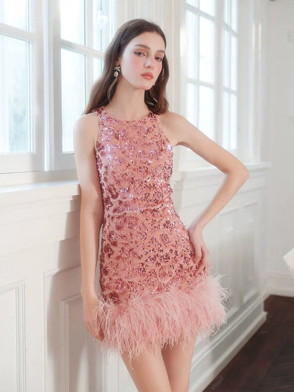 Wardrobes by Chen Dark Rose Pink Floral Sequin Feather Short cocktail Dress-Luciana