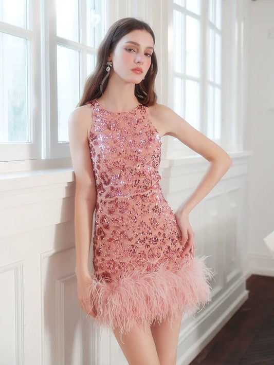 Wardrobes by Chen Dark Rose Pink Floral Sequin Feather Short cocktail Dress-Luciana