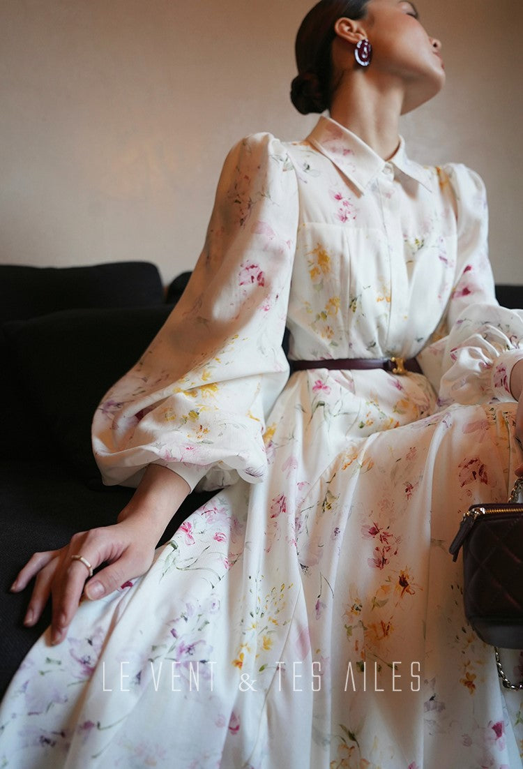 LE VENT&TES AILES Luxury summer vacation floral print Fancy Midi Dress-ZOE