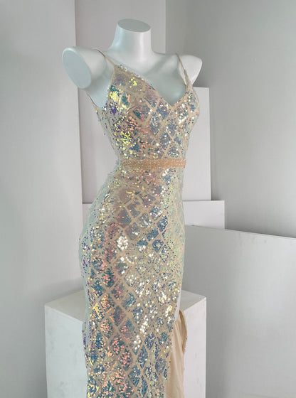 DOLLY High End Sleeveless V-Neck Sequin Long Slim Fit Slit Banquet Dress-ERICA