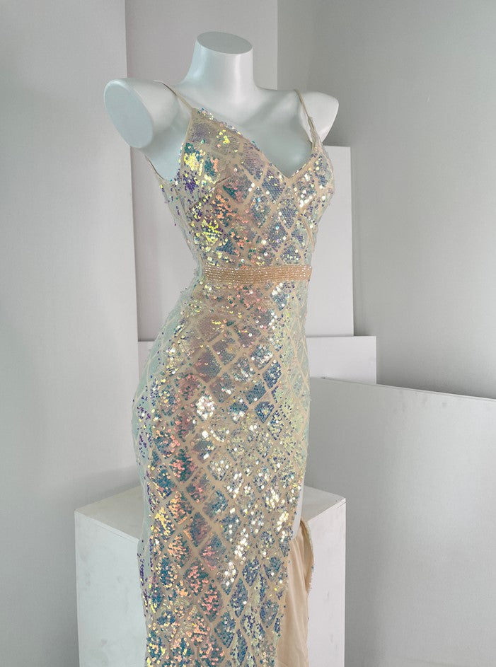 DOLLY High End Sleeveless V-Neck Sequin Long Slim Fit Slit Banquet Dress-ERICA