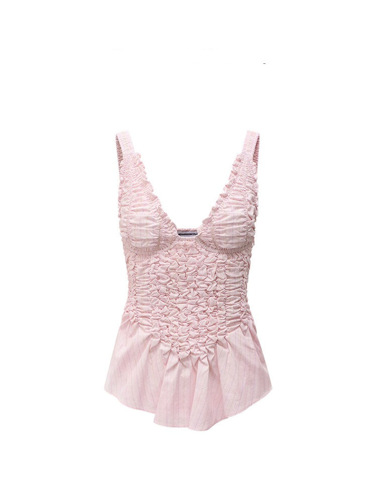 SHOWROOMPLUS Sweet Suspender Temperament V-Neck Pleated Sleeveless Top-RODRI '