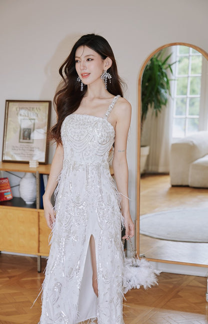 DOLLY Luxury White French Style Sleeveless Sequin Embroidered Long Slit Party Dress-Dalia