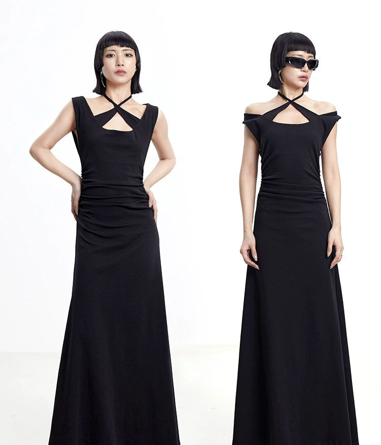 TINY IN cross-neck pleated knit maxi black dress-AYA