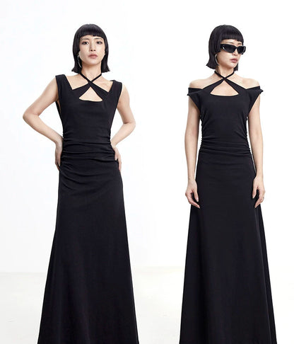 TINY IN cross-neck pleated knit maxi black dress-AYA