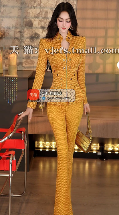 VJE  Slim Suit Jacket High-waisted Micro Flared Pants Two-Piece Set-HONG.