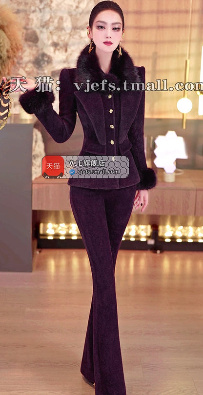 VJE Removable Fur Collar Jacket Micro Flared Pants Two-Piece Set - TED.