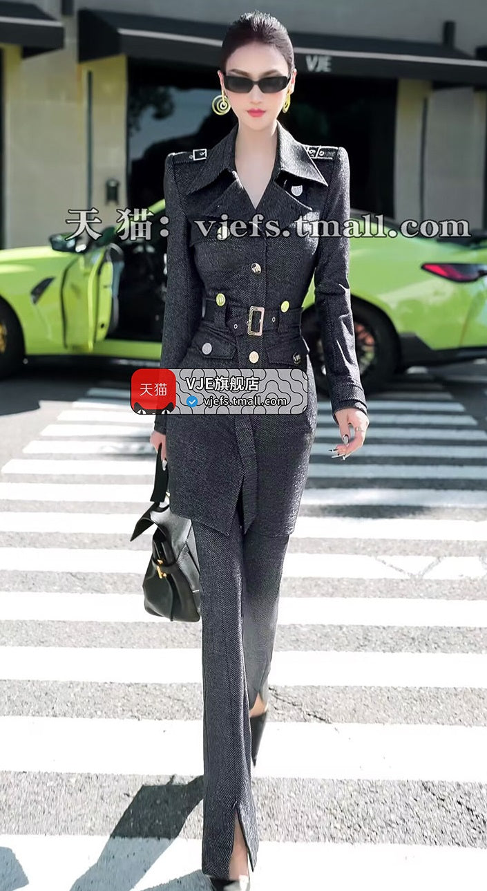VJE slim trench coat jacket micro flared pants two-piece set - YAN.