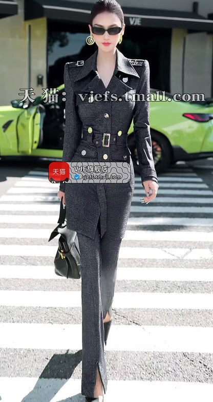 VJE slim trench coat jacket micro flared pants two-piece outfit set-YAN.