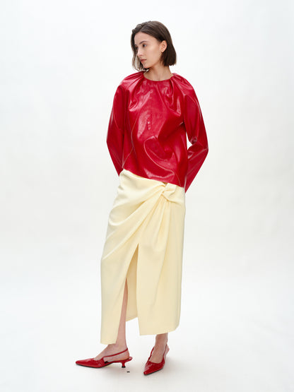 SERRER Red long sleeved leather shirred asymmetrical top - KOFI.