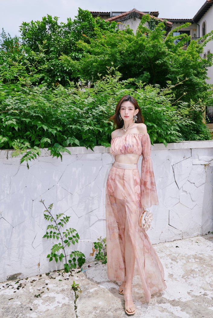 DOLLY Luxury Retro French Style Long Sleeve Top+ Retro Print Midi Slit Skirt-BIANCA