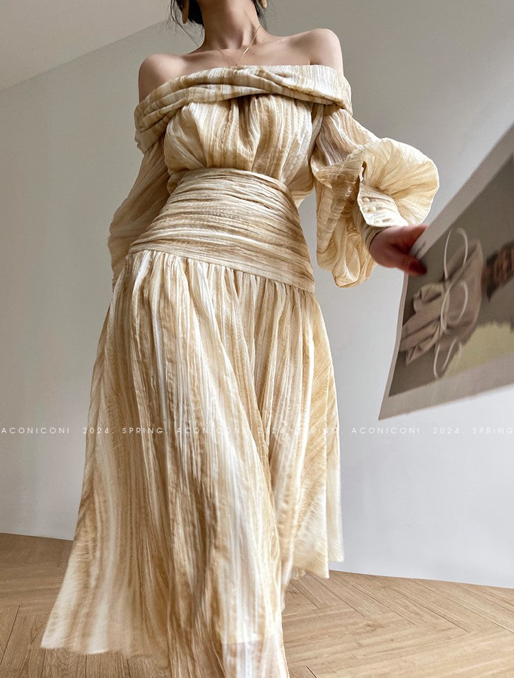 Aconiconi Elegant Wave Pattern Long Sleeve Loose Wedding Guest Dress- Dune