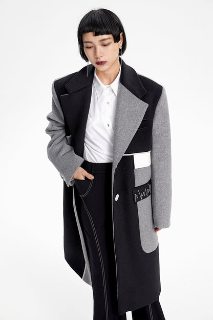 TINY IN Asymmetric black and gray wool women's coat- TRAIL