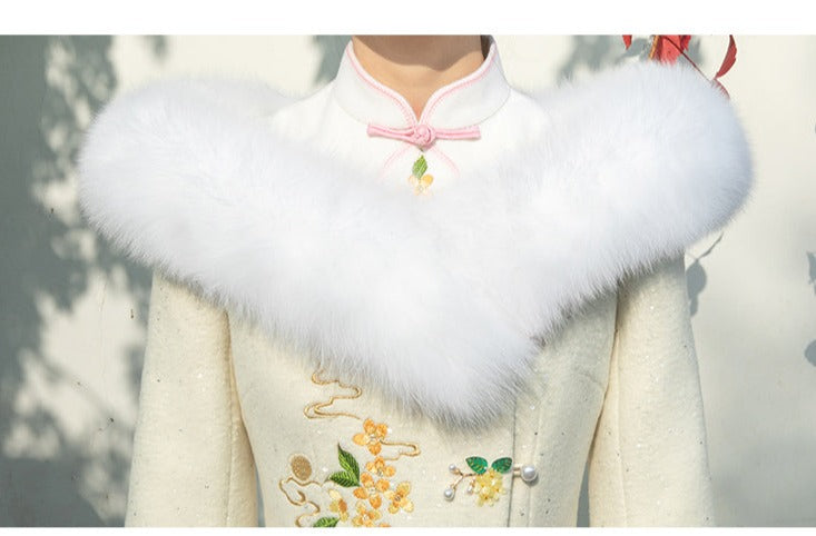 MagicQ fox fur collar bunny orchid osmanthus flower embroidered squint flared sleeve tweed coat