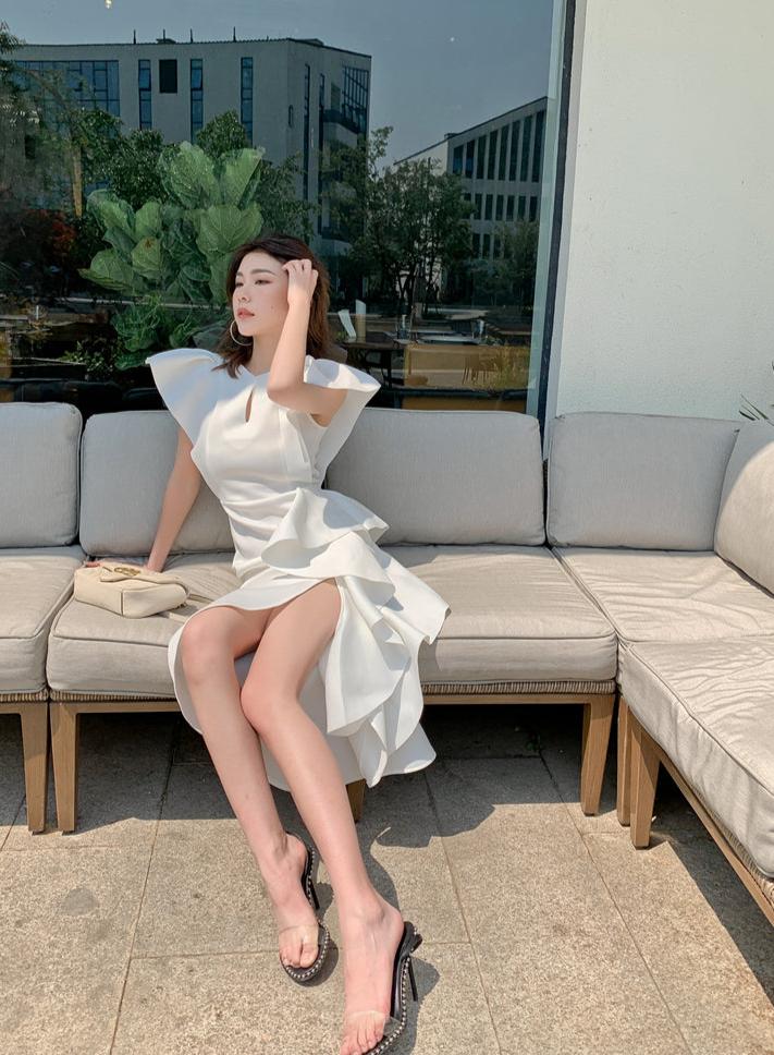 DOLLY Luxury V-Neck Short Sleeve High waist Slim Fit Irregular Hem Date Dress-LISA