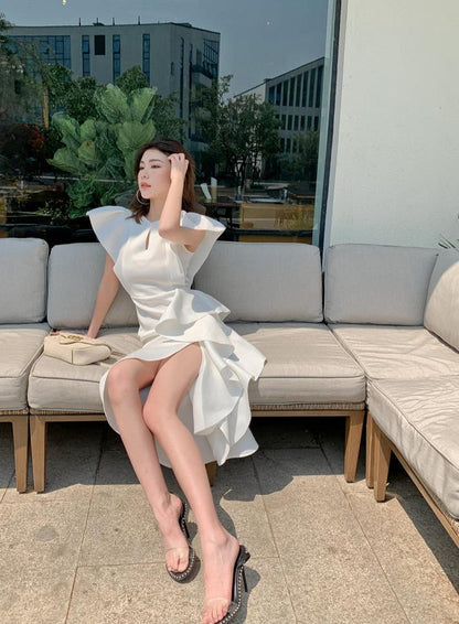 DOLLY Luxury V-Neck Short Sleeve High waist Slim Fit Irregular Hem Date Dress-LISA