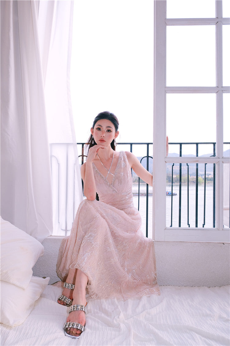 Wardrobes by Chen High End Sleeveless Wrap Embroidered Bead Dress-Sama