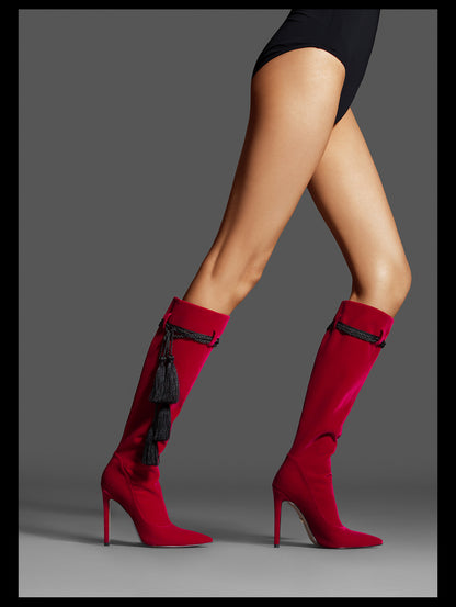 Fabfei Fall/Winter black suede pointed stiletto red fringed knee-length boots - Karai