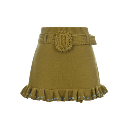 FAME Color Block Beaded Ruffle Hem Knitted Midi Skirt - JAKE.