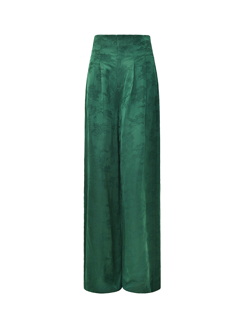 M essential Mackay designer emerald green Jacquard asymmetric top pants set - yellow.