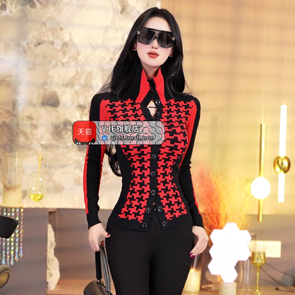 VJE Lapel Cardigan Top  Jacquard Knitted Sweater - LEO.