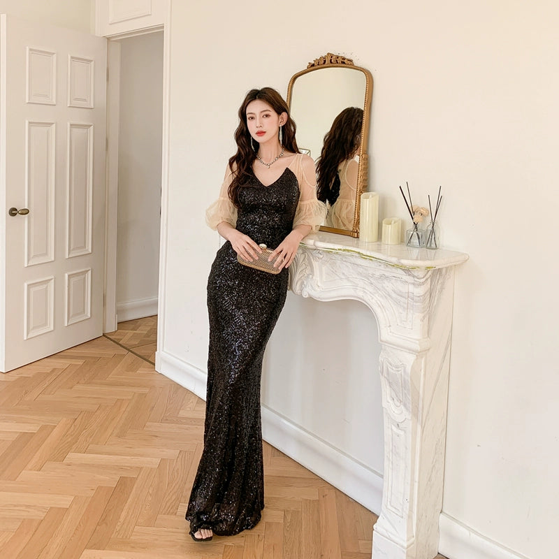 DOLLY Elegant Black Glitter Mesh Long Puff Sleeve Sequin Evening Dress-NUNU