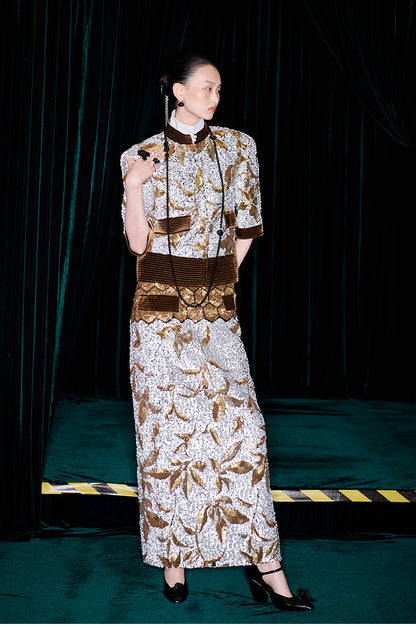 M essential Mackay luxury brown silver stand collar short seuins  jacket top pencil skirt set - sans.