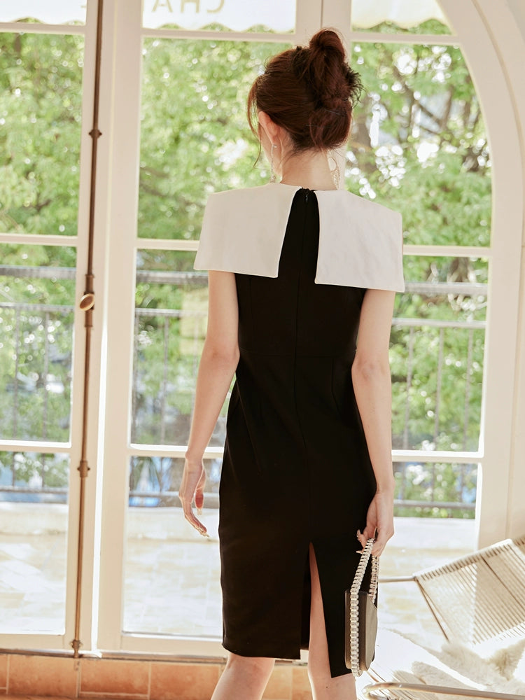 DOLLY Luxury Black Retro French Style Color Contrast Sleeveless Slim Fit Short Dress-ORLA