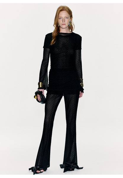 ATELIER MISS LU Logo Flocking Design Sheer Long-sleeved Top - RESULT