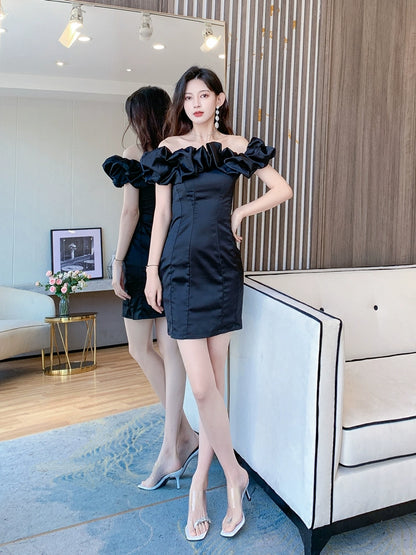 DOLLY Elegant Short Sleeve Ruffle Off Shoulder Chest Wrap Short Party Dress-LIZA