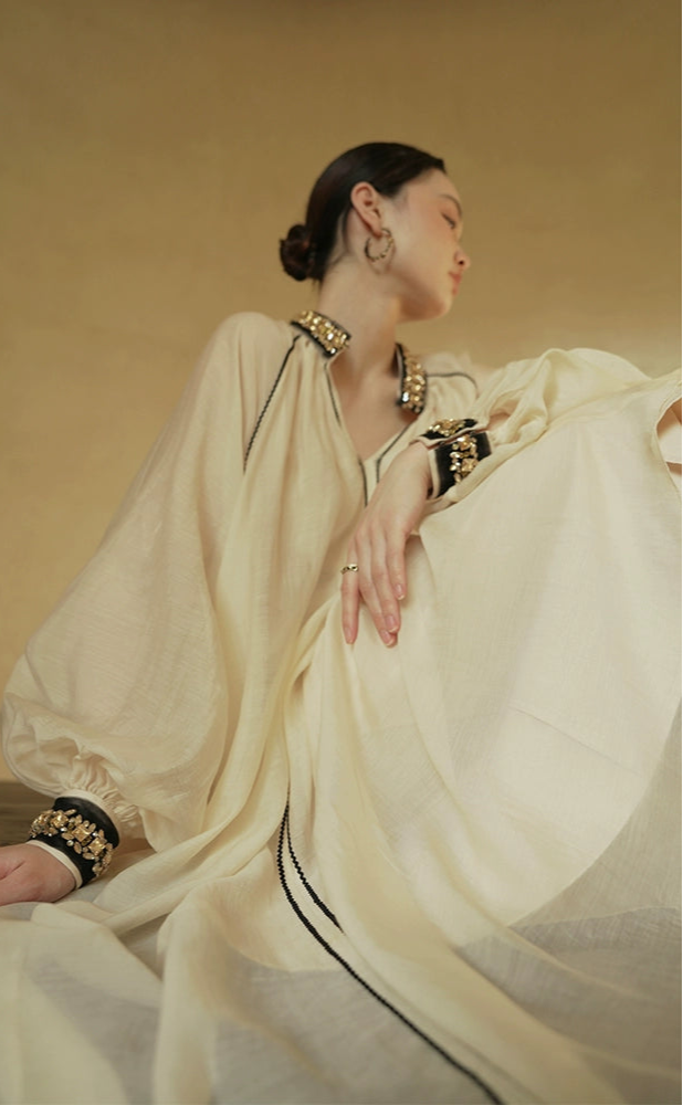 LE VENT&TES AILES retro Ice Crystal Premium Silhouette Tencel  Heavy Work Beaded Dress-YUTA