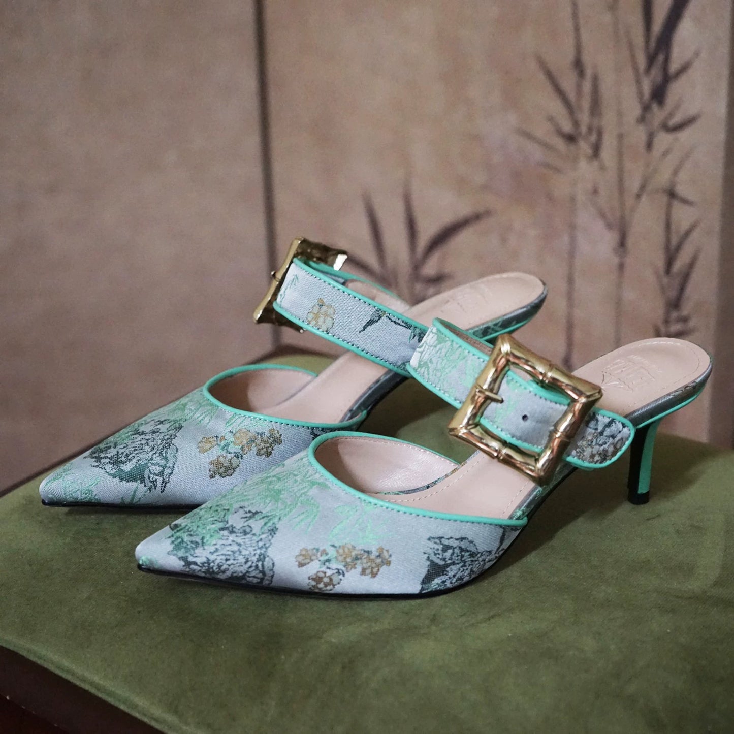 B-FEI Chinese mule kitten heel buckle sandals-DEXT.
