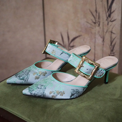 B-FEI Chinese mule kitten heel buckle sandals-DEXT.