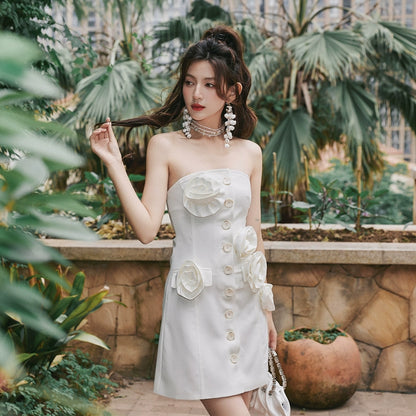 DOLLY Elegant White Flower Bud Chest Wrap High Waist Shor t Banquet Dress-LOLO